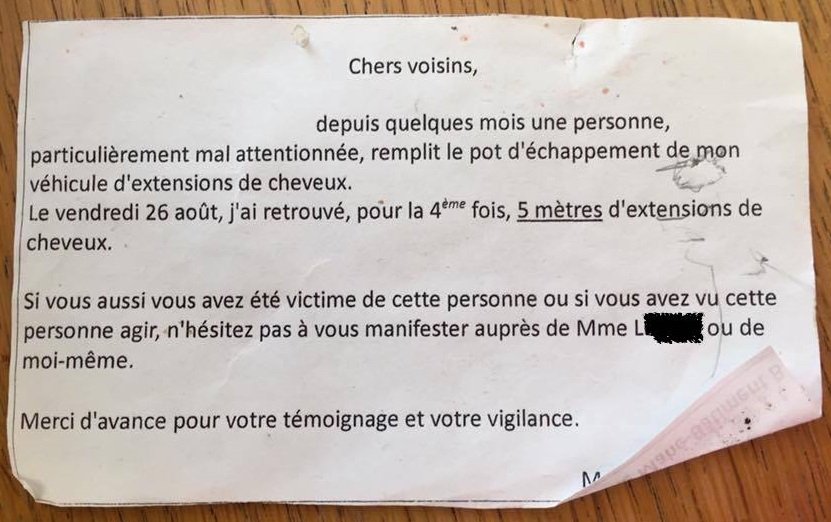 mot de voisin qui se plaint qu'on lui met des cheveux dans sa voiture