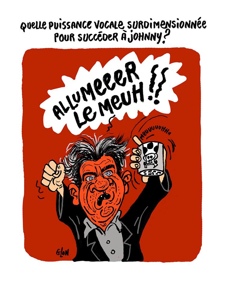 dessin humoristique de Jean-Luc Mélenchon avec une boîte à meuh