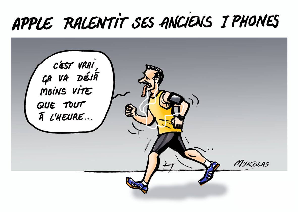 dessin humoristique d'un utilisateur d'Apple qui court au ralenti avec un iPhone