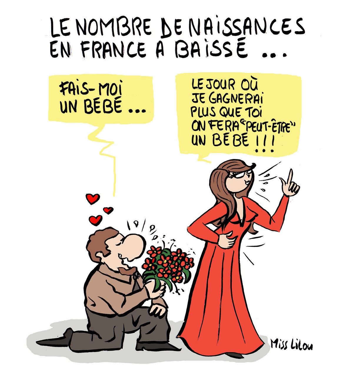 dessin humoristique d'un couple de Français parlant d'avoir un bébé