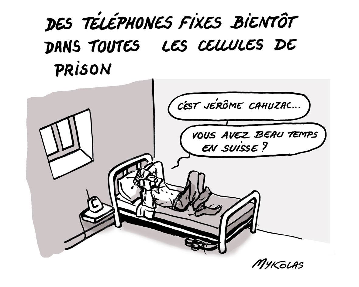 dessin drôle de Jérôme Cahuzac qui profite de son téléphone en prison