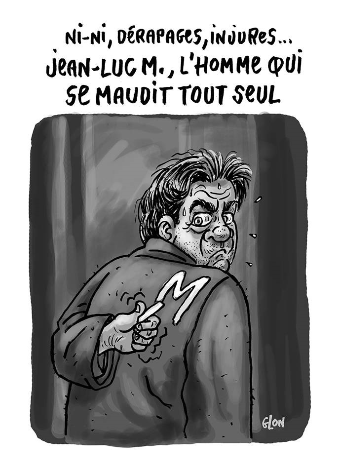 dessin humoristique de Jean-Luc Mélenchon en train de s'auto-maudire