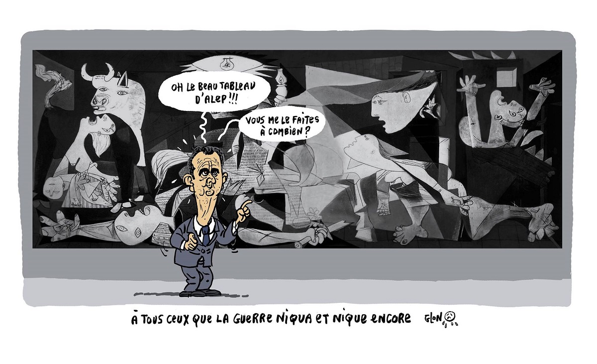 dessin humoristique de Bachar el-Assad devant le tableau "Guernica" de Picasso