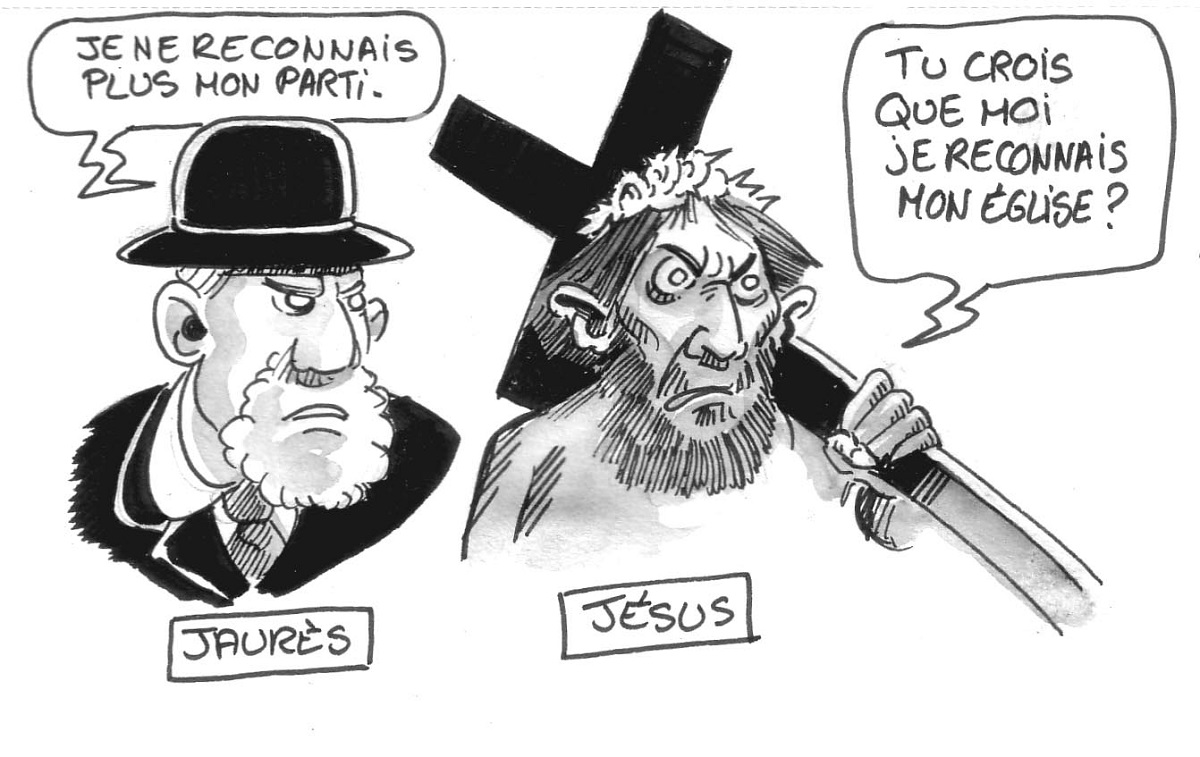 dessin humoristique de Jean Jaurès et Jésus-Christ parlant de l'évolution de leur héritage