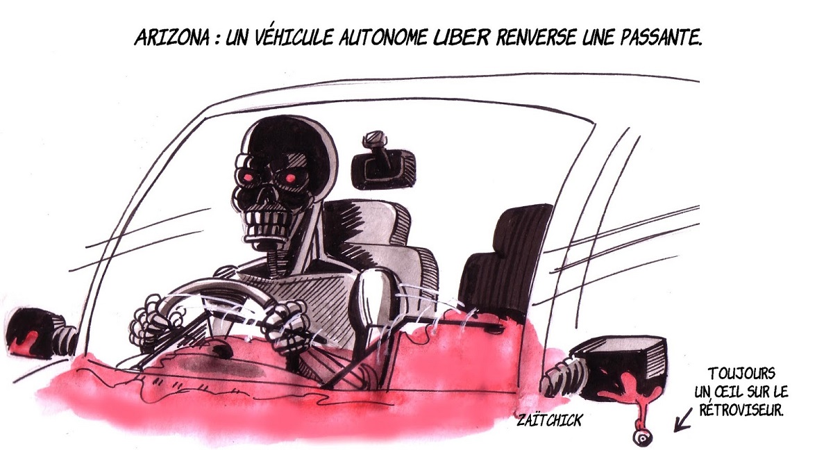 dessin humoristique d'une voiture conduite par un robot comme véhicule autonome