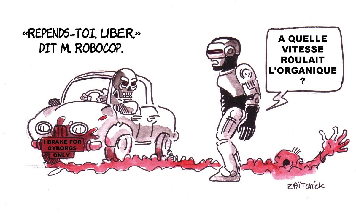 dessin humoristique de Robocop arrêtant une voiture autonome