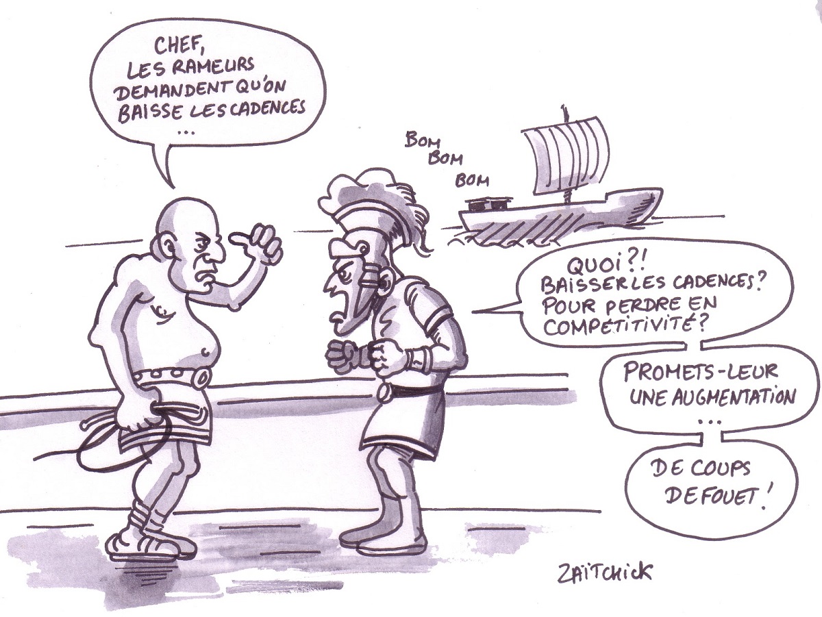 dessin humoristique d'une galère romaine où les rameurs demandent une baisse des cadences