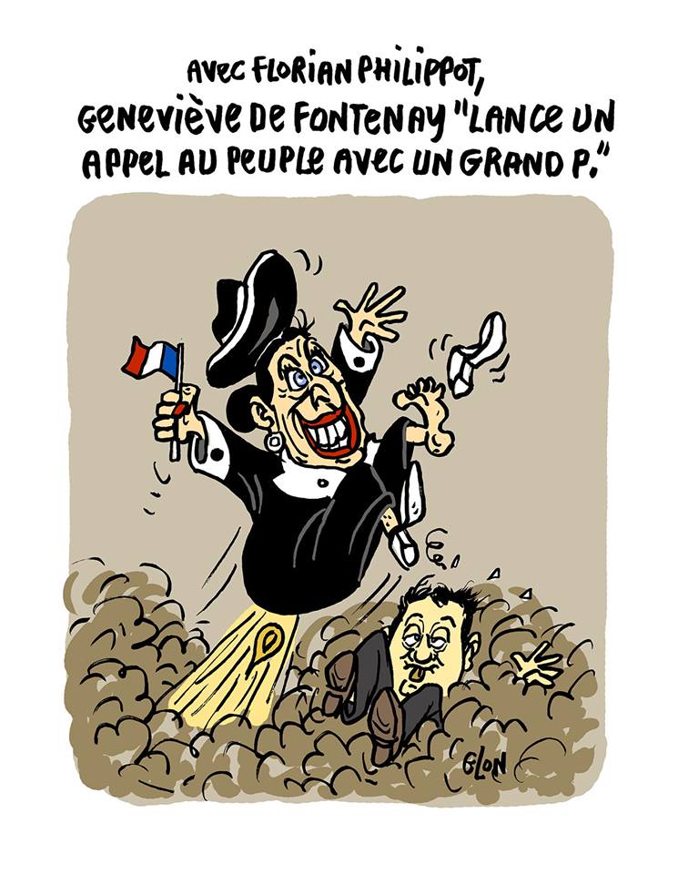 dessin d'actualité humoristique montrant Geneviève de Fontenay en compagnie de Florian Philippot