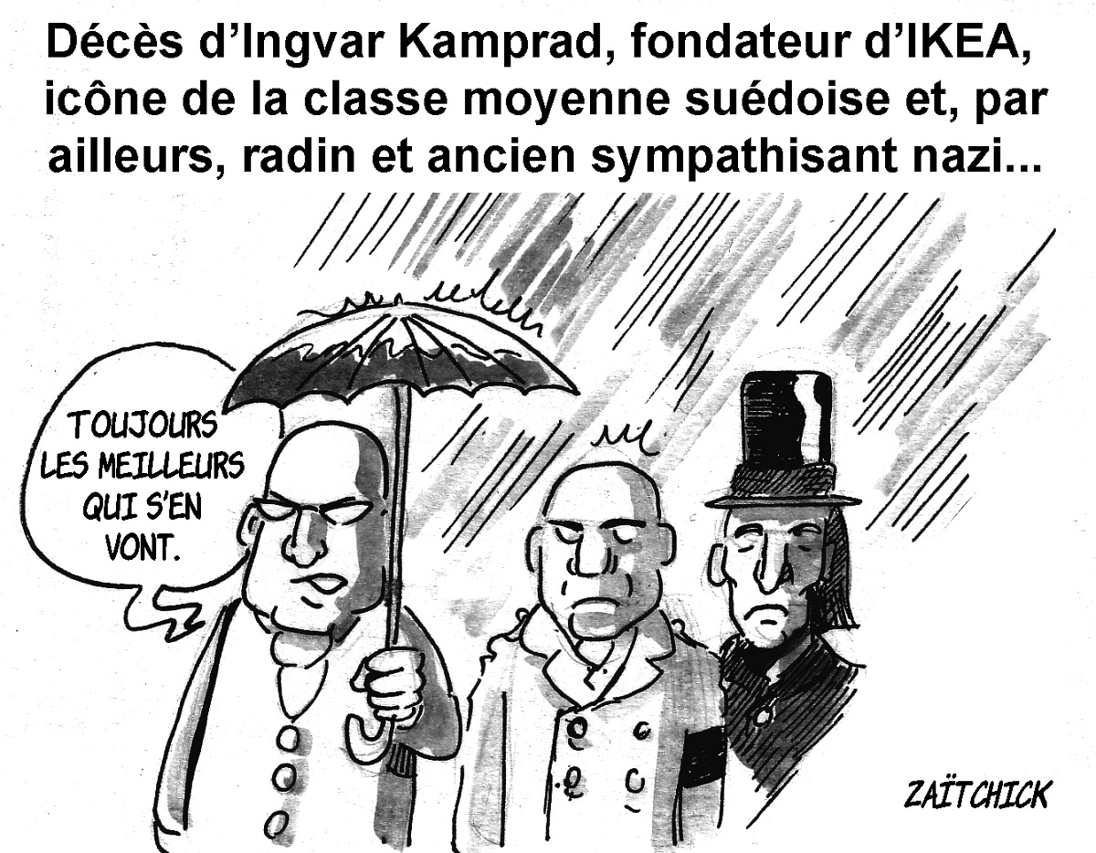 dessin d'actualité humoristique des funérailles d’Ingvar Kamprad, fondateur d'IKEA