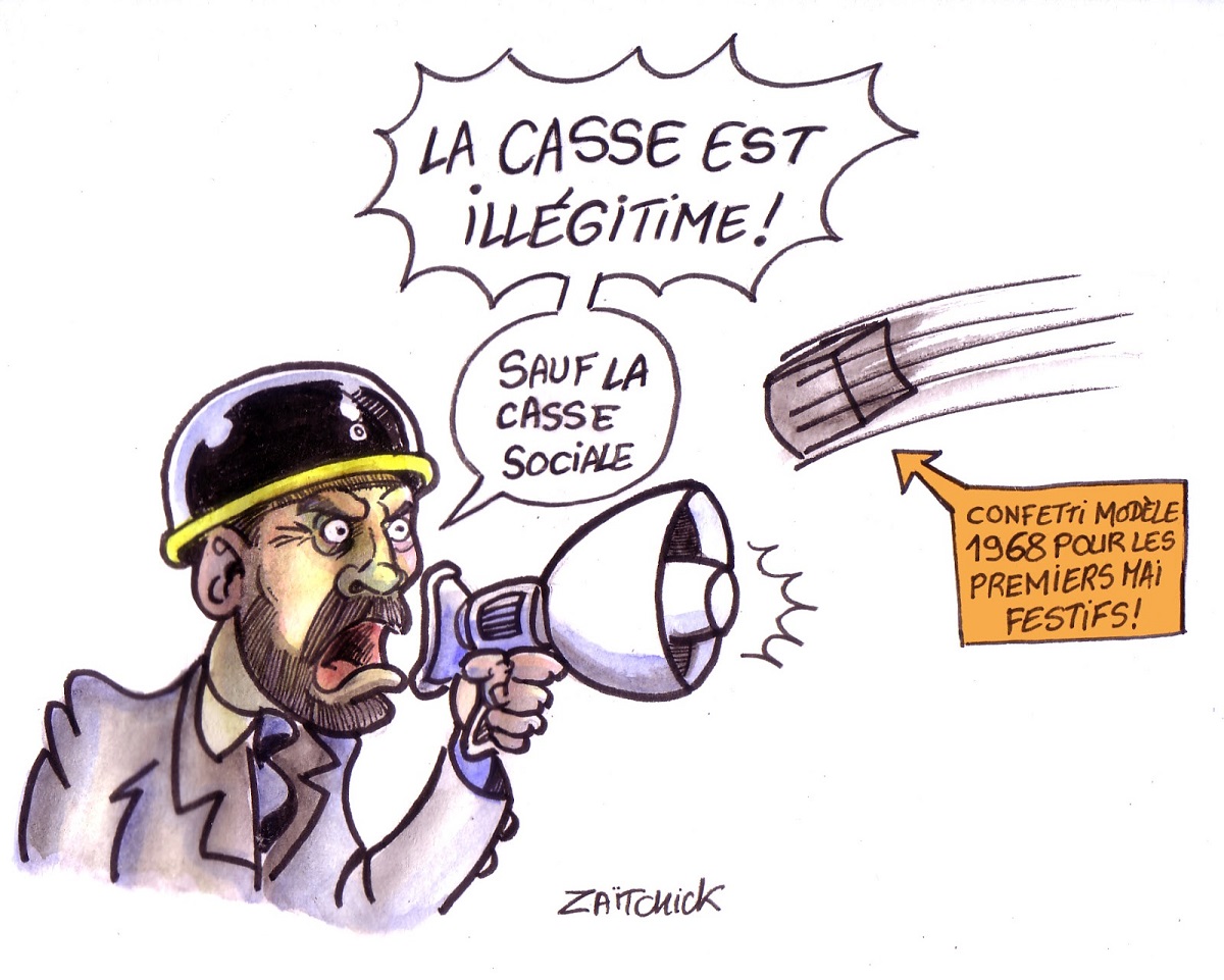 dessin d'actualité montrant Emmanuel Philippe fustigeant la casse lors des manifestations