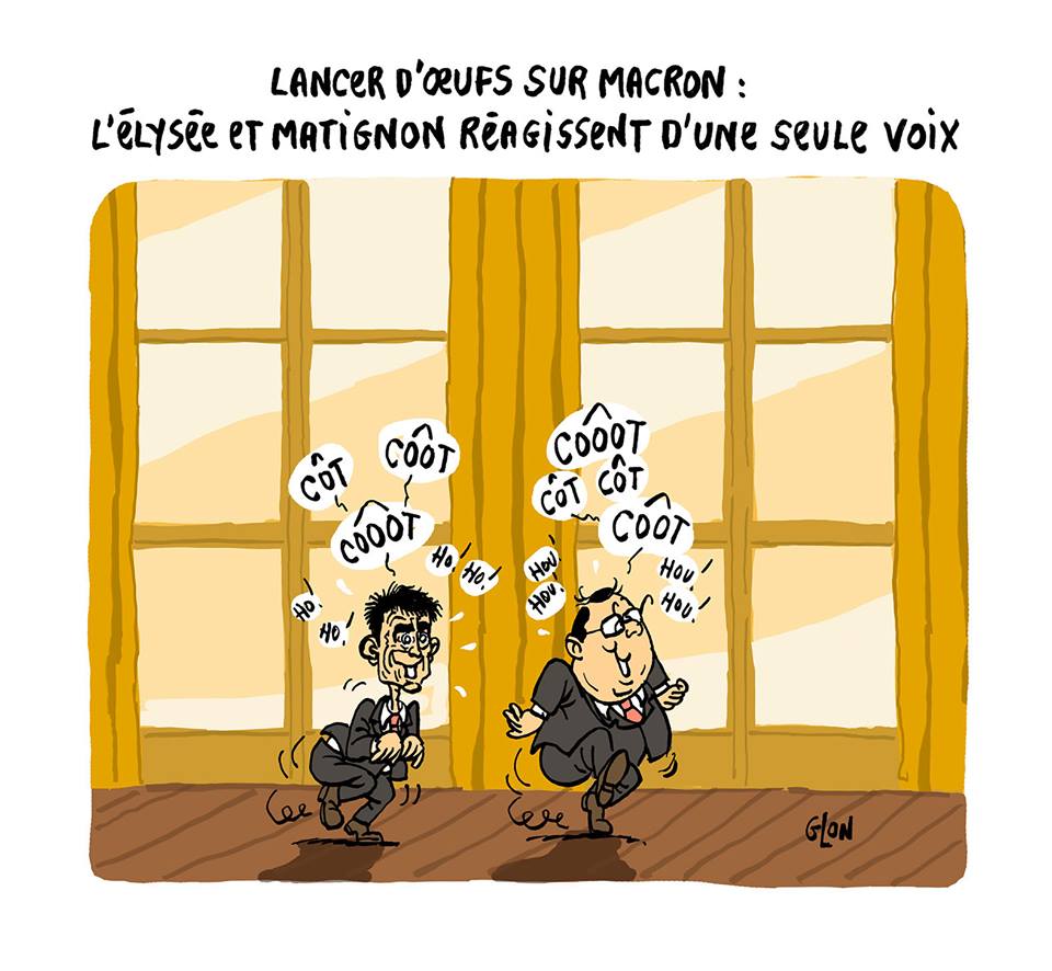 dessin d'actualité de François Hollande et Manuel Valls faisant la poule