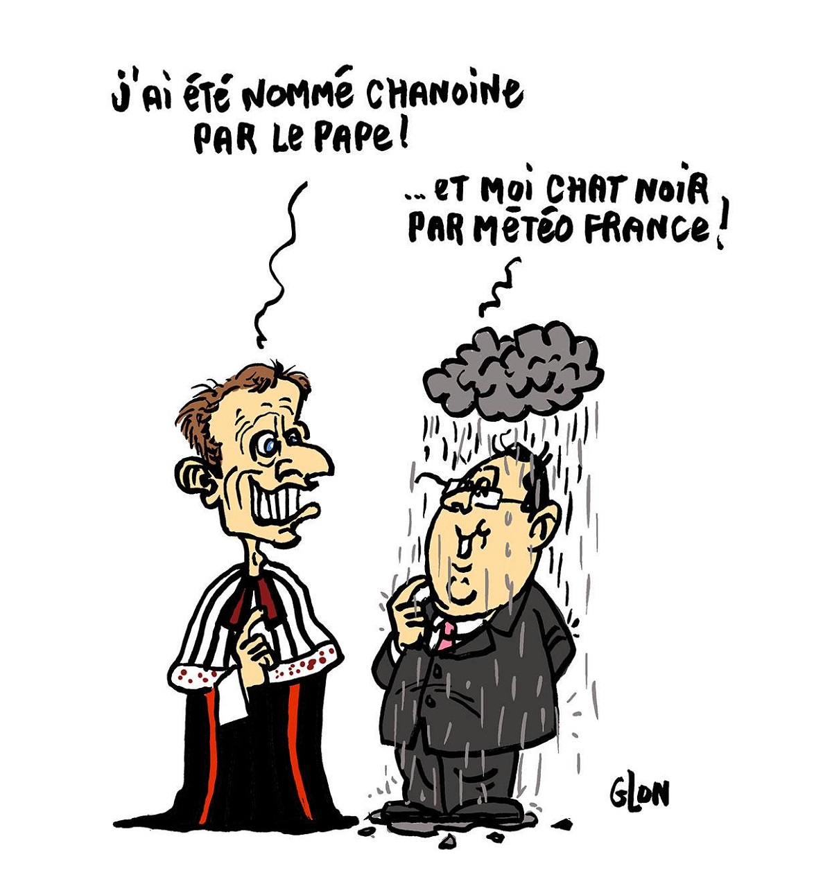 dessin d'actualité montrant Emmanuel Macron en Chanoine et François Hollande en Chat Noir