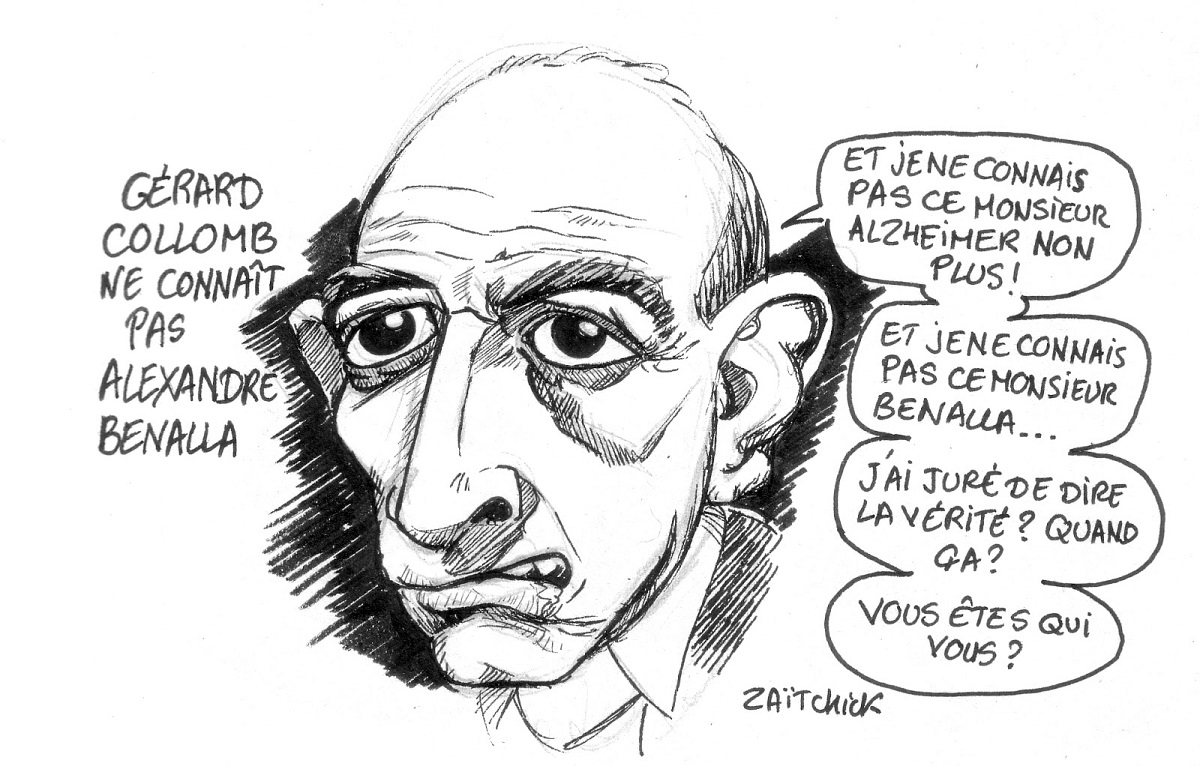 dessin d'actualité sur l'affaire Alexandre Benalla et l'attitude de Gérard Collomb