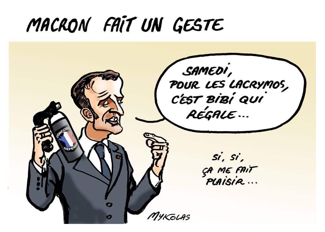 dessin d'actualité humoristique sur le geste d'Emmanuel Macron face au mouvement des gilets jaunes