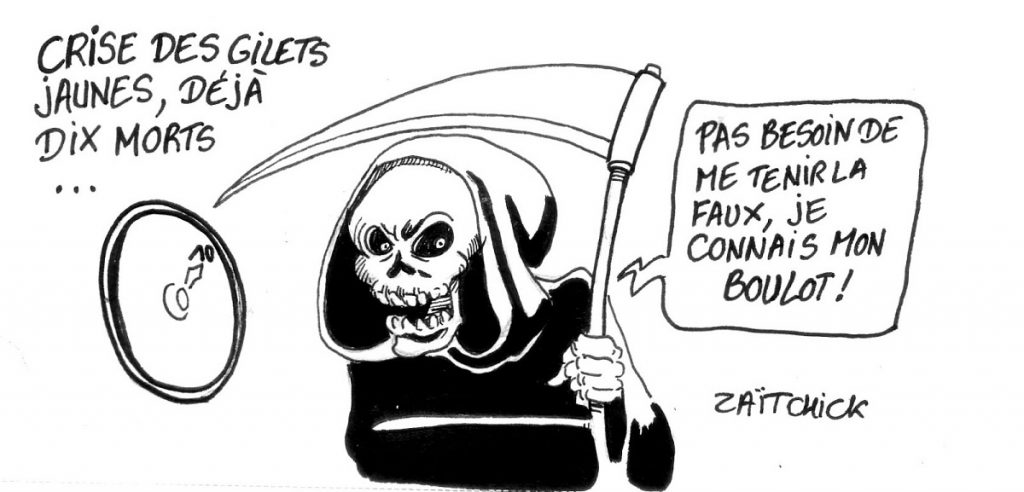 dessin d'actualité humoristique sur les morts pendant le mouvement des gilets jaunes