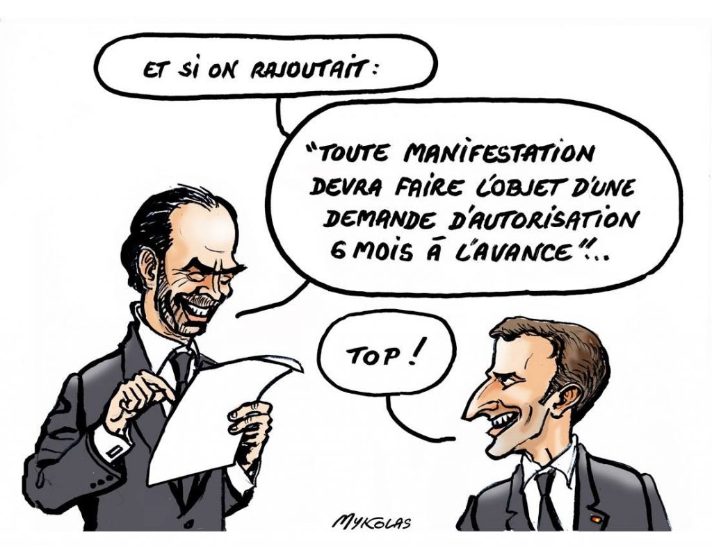 dessin d'actualité drôle sur Édouard Philippe et Emmanuel Macron préparant une loi pour contrer le mouvement des gilets jaunes