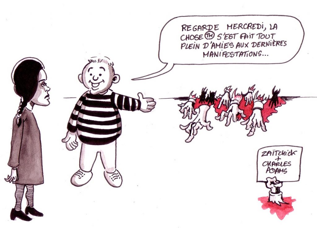 dessin d'actualité humoristique sur les violences policières lors des manifestations des gilets jaunes vues par la Famille Addams