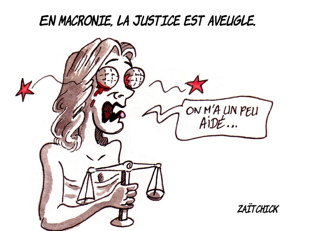 dessin d'actualité humoristique sur la justice française confronté aux violences policières et à l'affaire Benalla