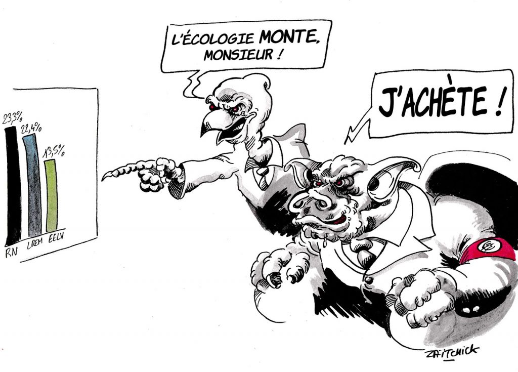 dessin humoristique sur les résultats des élections européennes, la montée de l’écologie et l’économie de marché capitaliste