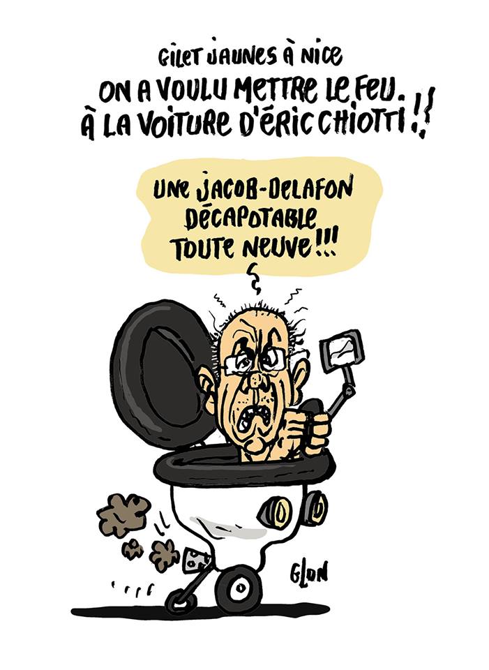 dessin d’actualité humoristique sur la tentative d’incendier la voiture d’Éric Ciotti pendant l’acte XXVI du mouvement des gilets jaunes