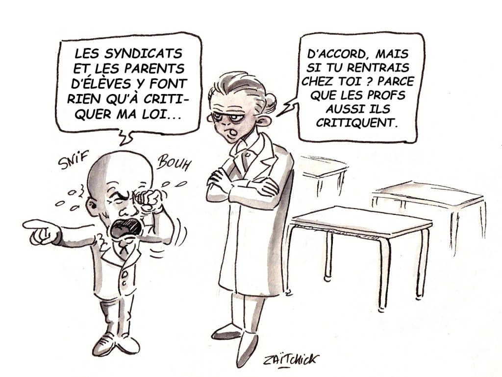 dessin d’actualité humoristique sur Jean-Michel Blanquer et les critiques sur la loi Blanquer