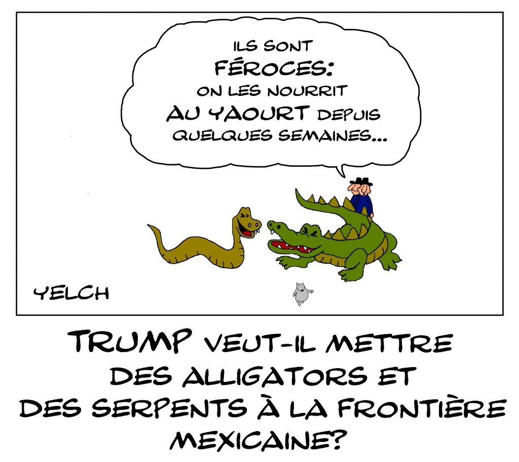 dessin de Yelch sur les serpents et les alligators que Donald Trump veut mettre à la frontière mexicaine