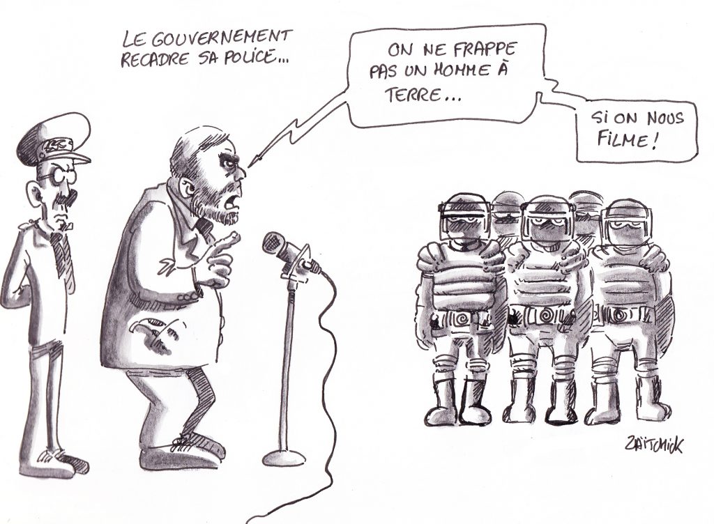 dessin de Zaïtchick sur Christophe Castaner et le préfet Lallement recadrant les policiers