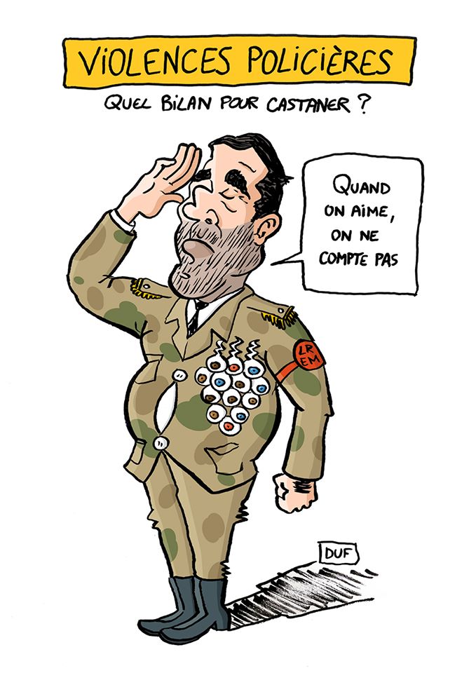 dessin d'actualité humoristique de Duf sur le bilan des violences policières et Christophe Castaner