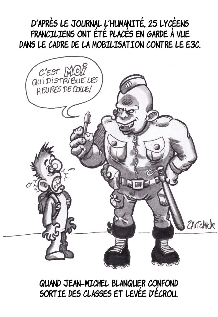 dessin de Zaïtchick sur les policiers qui collent les lycéens et les lycéens placés en garde à vue