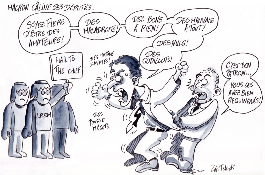dessin de Zaïtchick sur Emmanuel Macron haranguant Les députés Playmobil de LREM