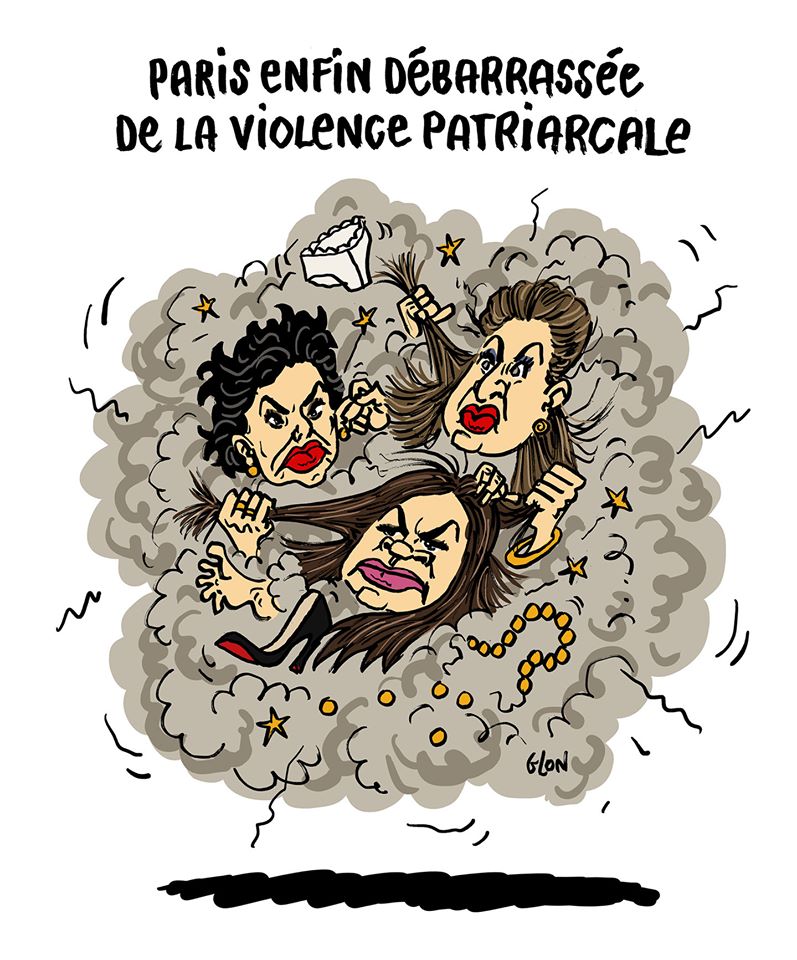 dessin humoristique de Glon sur les violences patriarcales et les violences politiques entre les candidates à la Mairie de Paris