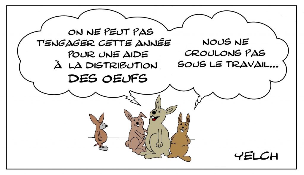 dessin de Yelch sur le coronavirus, le Lapin de Pâques et la chasse aux œufs