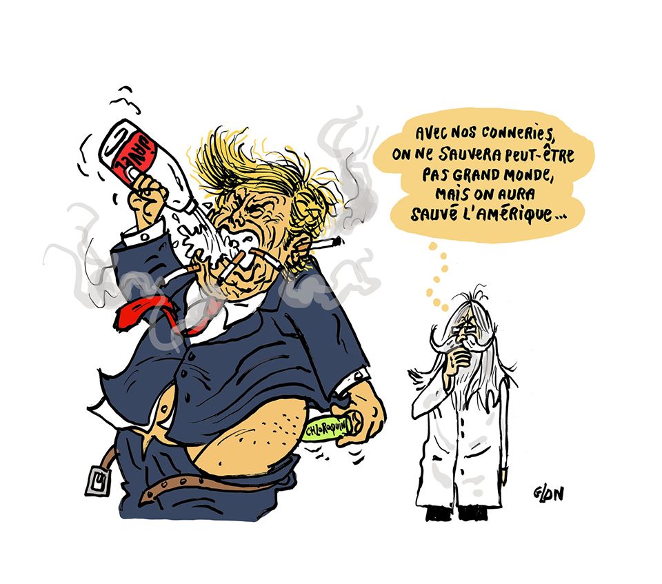 dessin humoristique de Glon sur le coronavirus, le professeur Raoult et Donald Trump