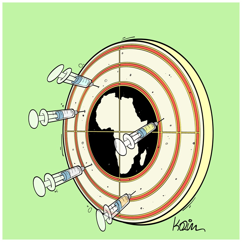 dessin d’actualité humoristique de Karim sur l’Afrique et la vaccination contre le coronavirus