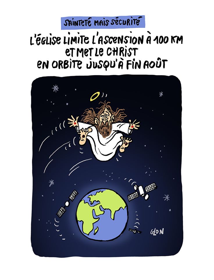 dessin humoristique de Glon sur le coronavirus, le déconfinement et l’église face à la limitation des 100 kilomètres