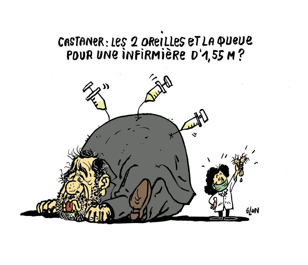dessin humoristique de Glon sur Christophe Castaner et l’arrestation d’une infirmière lors des manifestations de soignants