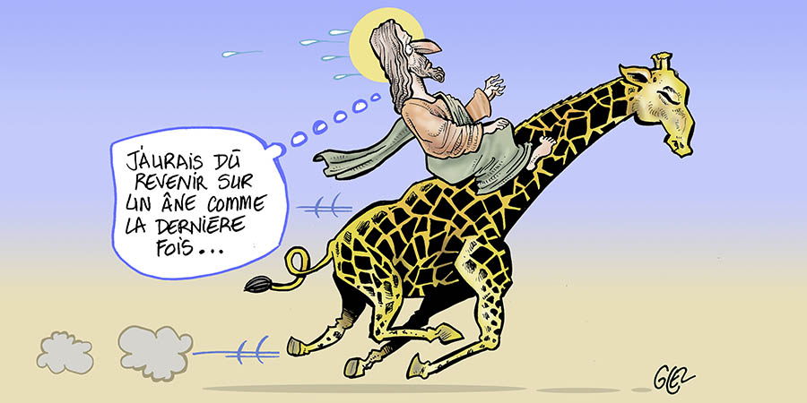 dessin humoristique de Glez sur les religions, et le retour de Jésus sur un âne