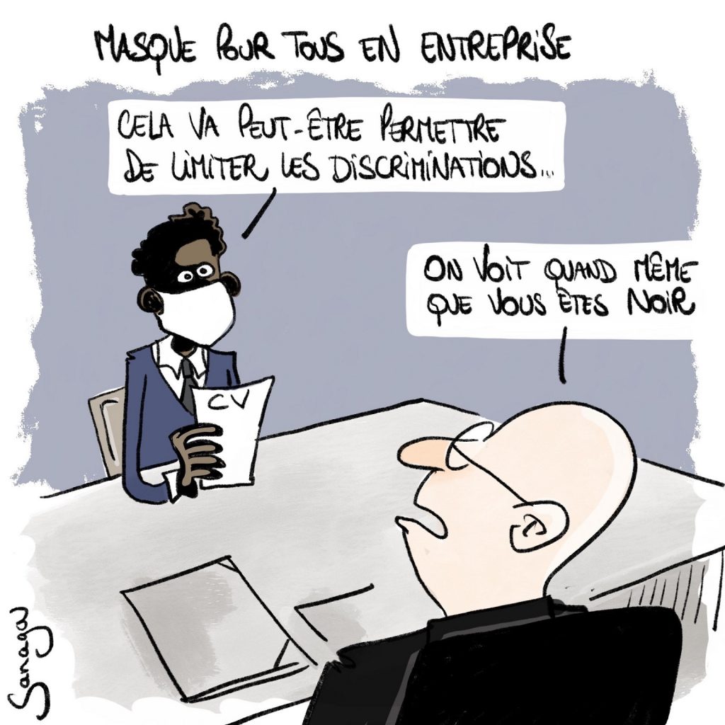 dessin presse humour coronavirus covid-19 image drôle discriminations masques entreprise