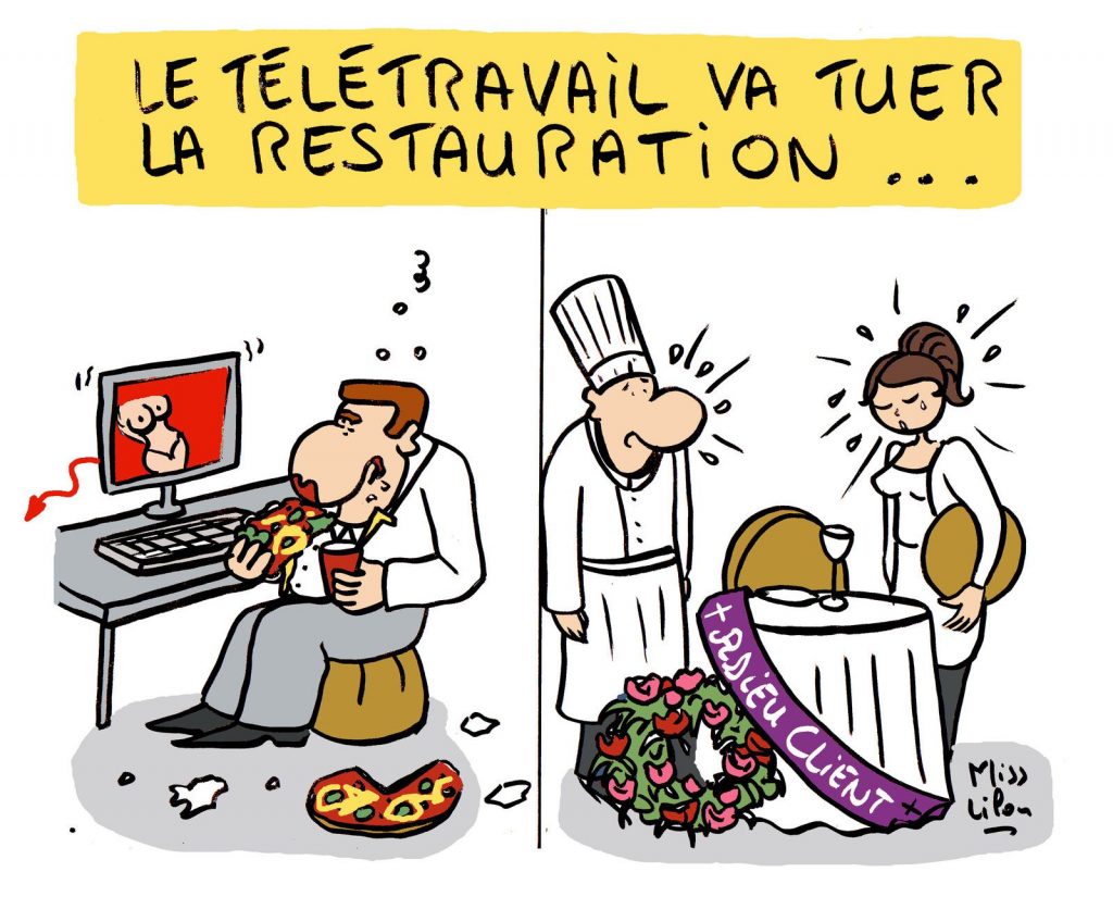 dessin presse humour coronavirus télétravail image drôle restauration crise économique