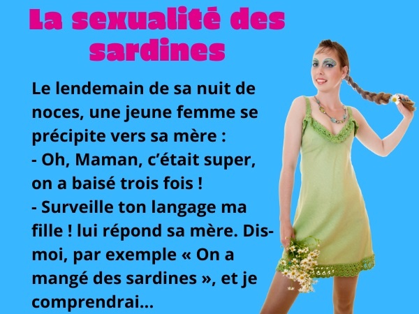 blague sexe, blague sardines, blague nourriture, blague nuit de noce, blague mariage, blague cunnilingus, humour