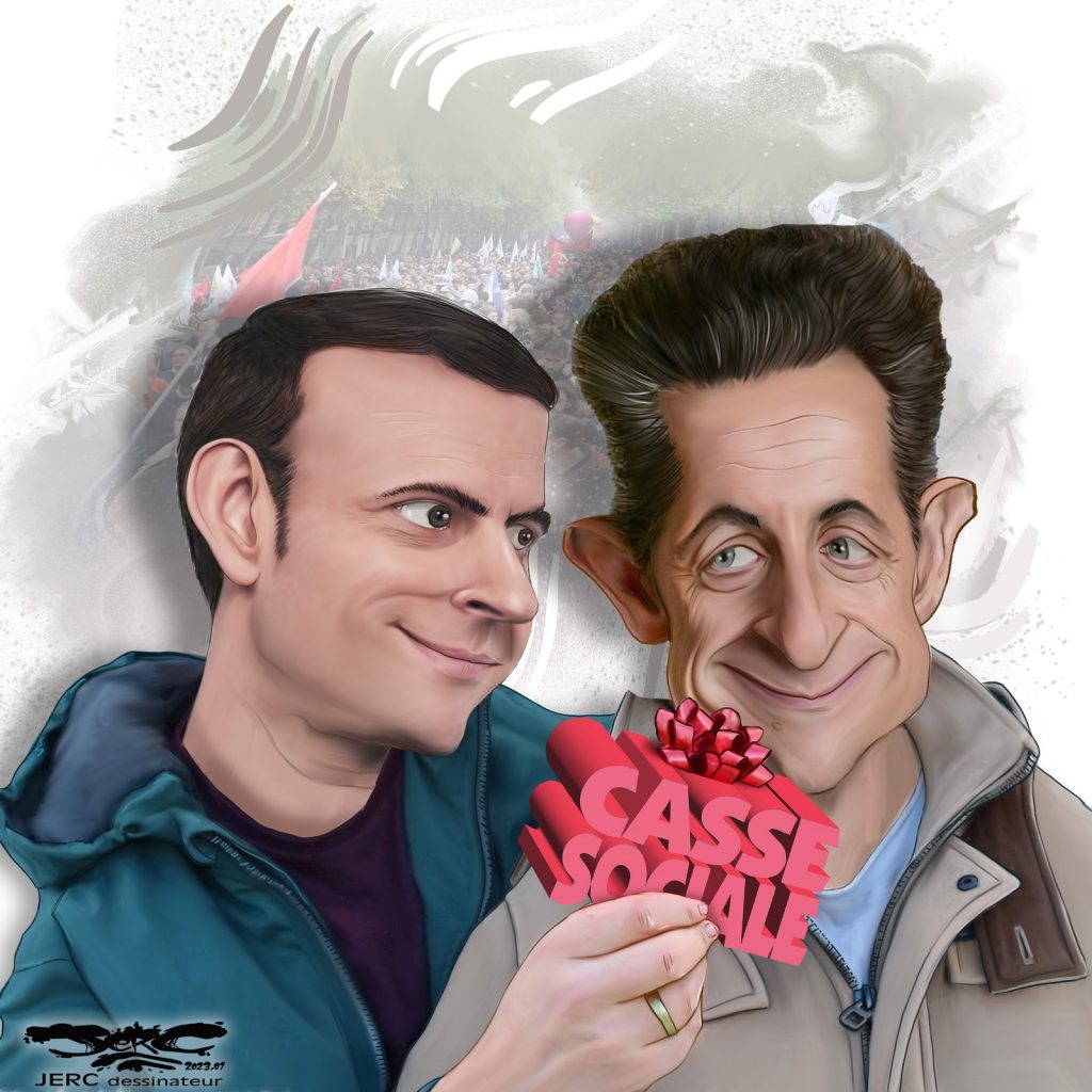 dessin presse humour Nicolas Sarkozy image drôle soutien Emmanuel Macron réforme retraites