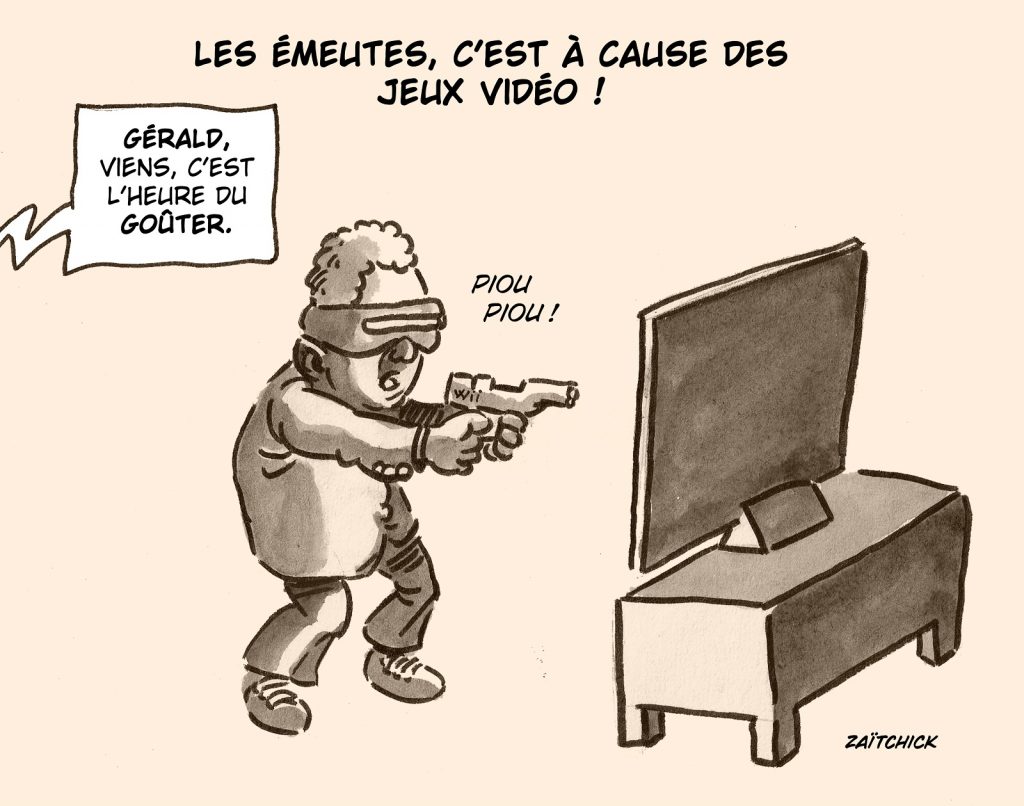 dessin presse humour émeutes Gérald Darmanin image drôle jeux vidéo