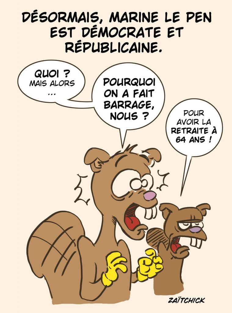 dessin presse humour dédiabolisation Marine Le Pen image drôle barrage républicain