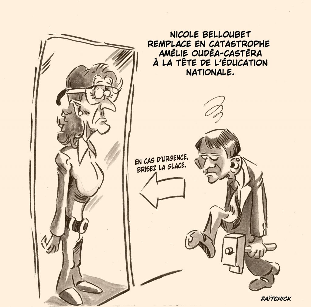 dessin presse humour remplacement Amélie Oudéa-Castéra image drôle Nicole Belloubet Éducation Nationale