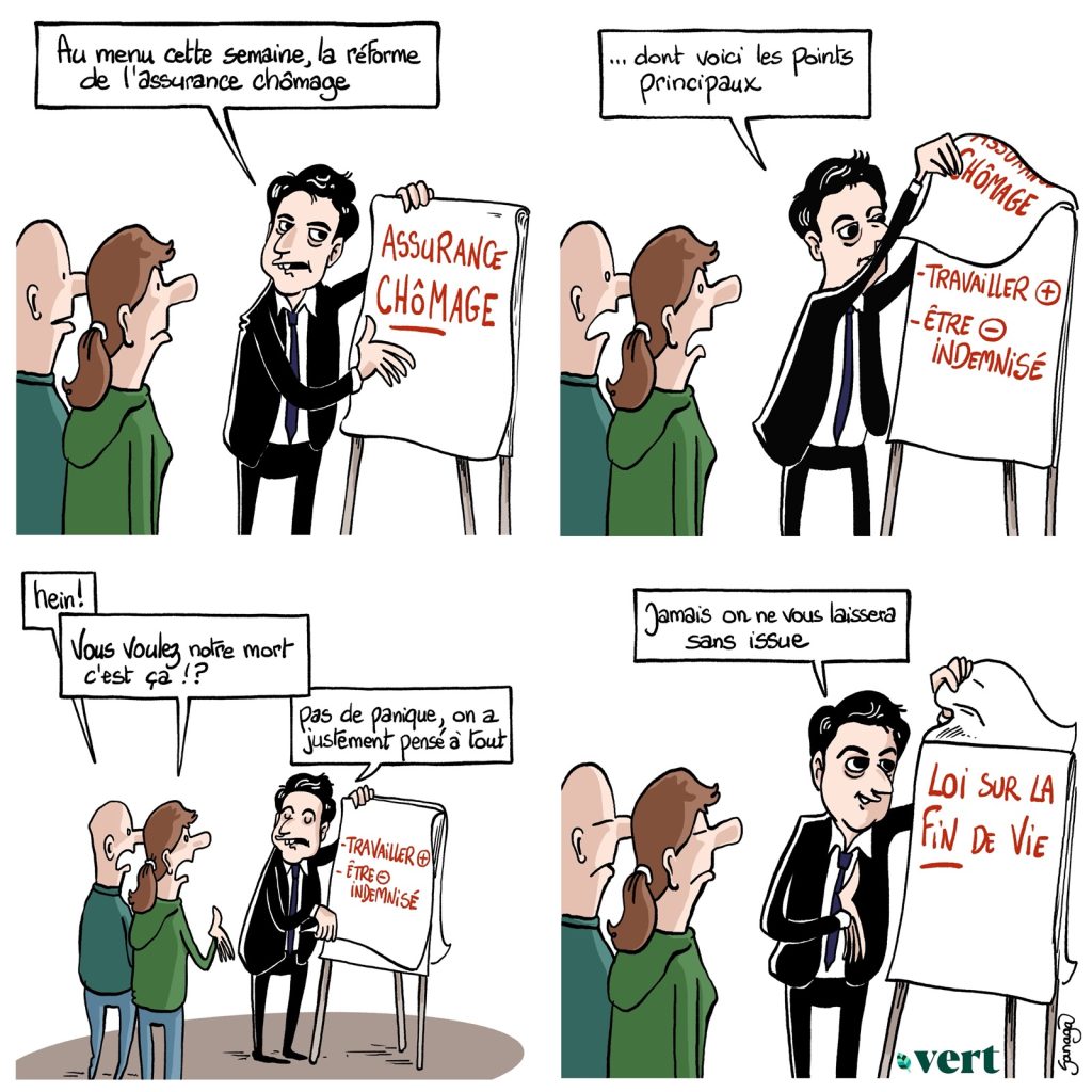 dessin presse humour Gabriel Attal image drôle réforme assurance chômage loi fin de vie