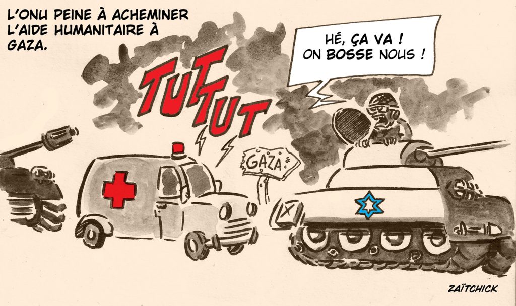 dessin presse humour difficulté acheminement image drôle aide humanitaire Gaza