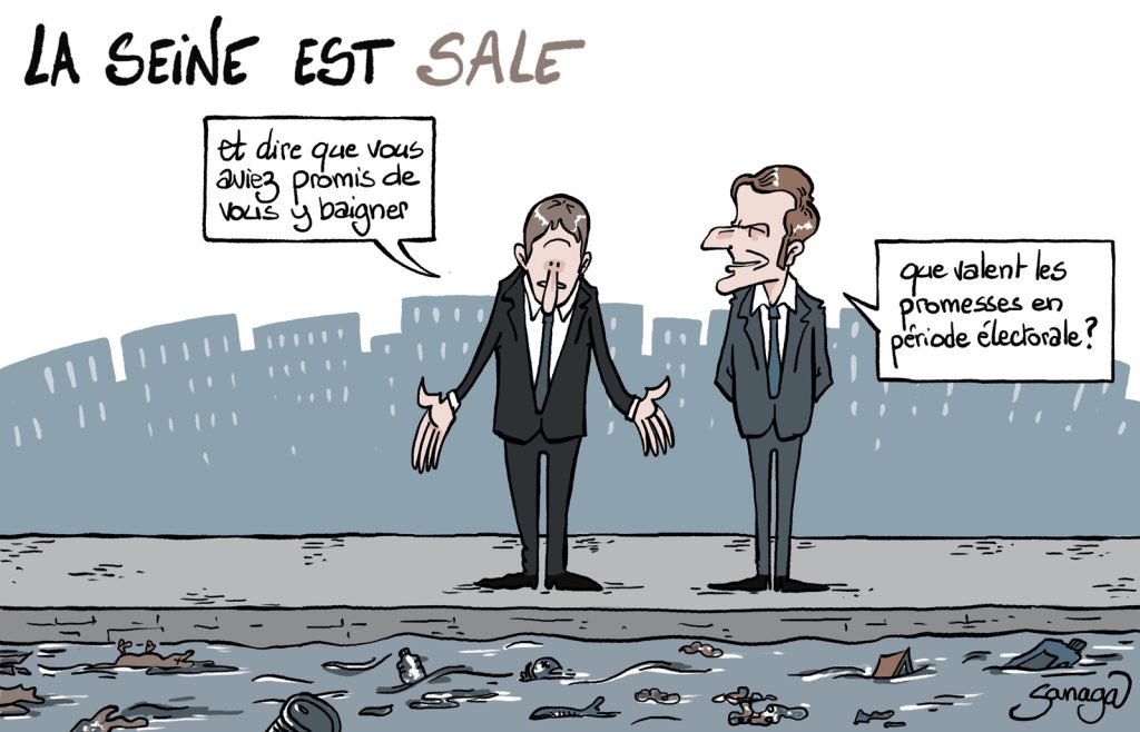 dessin presse humour élections législatives Emmanuel Macron image drôle baignade Seine