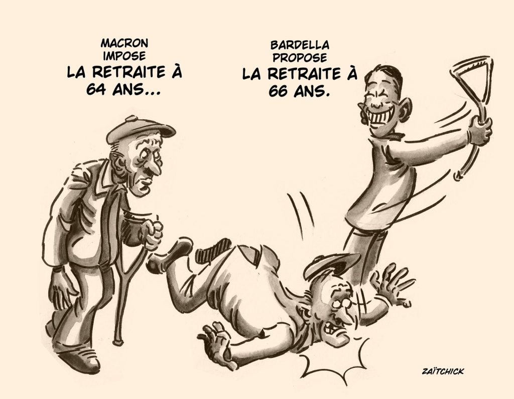 dessin presse humour campagne électorale image drôle Jordan Bardella réforme retraites