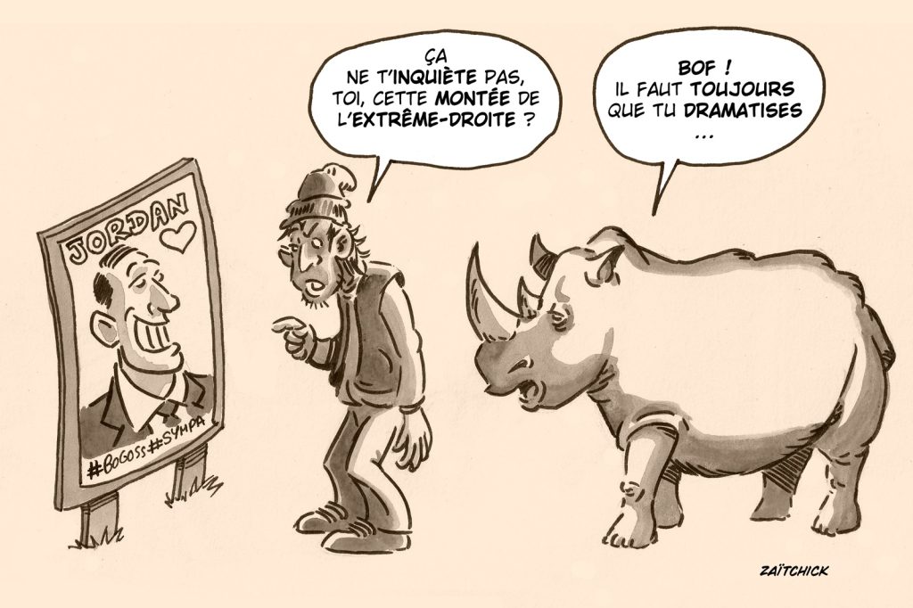 dessin presse humour montée extrême droite image drôle rhinocéros Eugène Ionesco