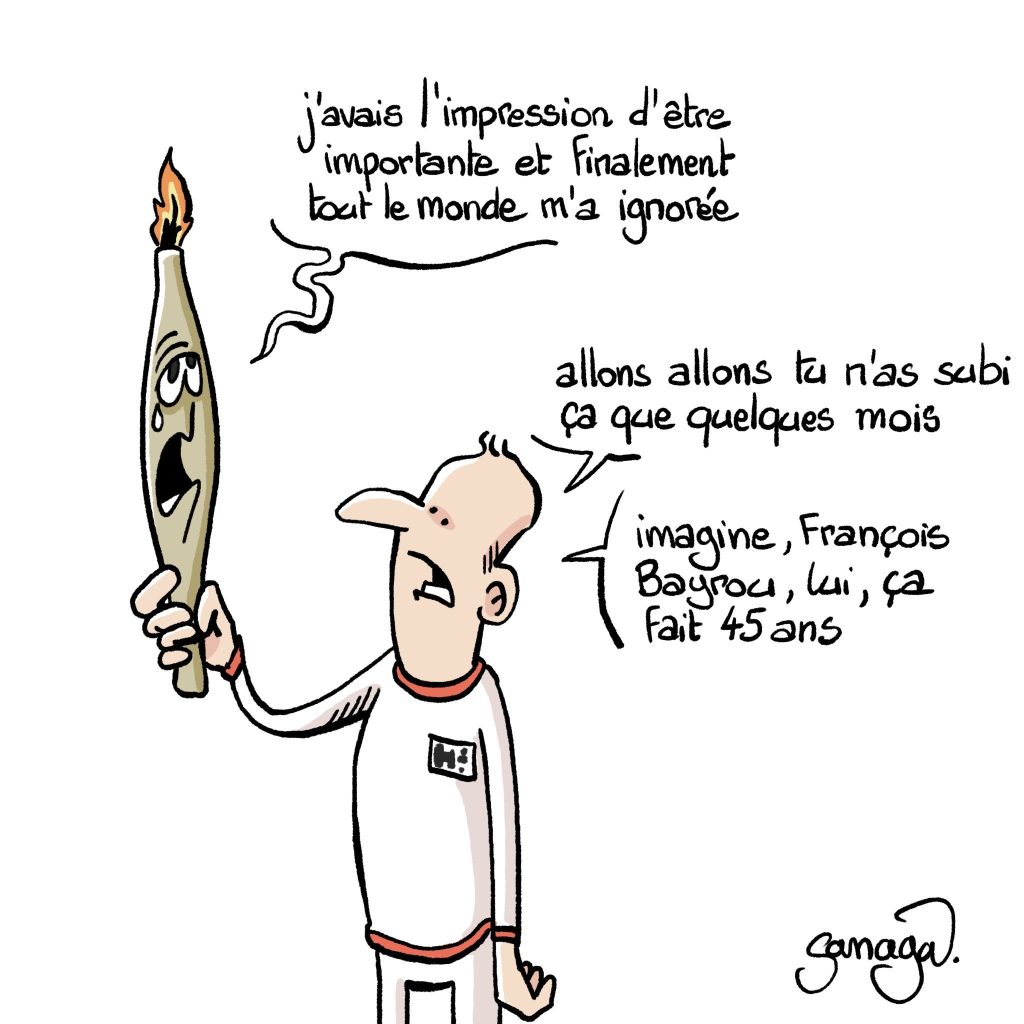 dessin presse humour François Bayrou image drôle flamme olympique
